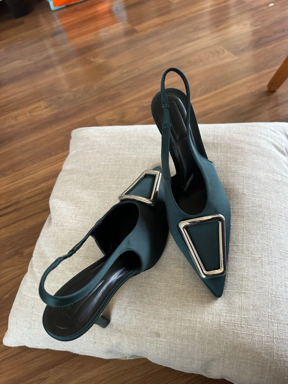Satin Teal Slingback Pointed Toe Heels with Silver Buckle - Picture 6 of 6